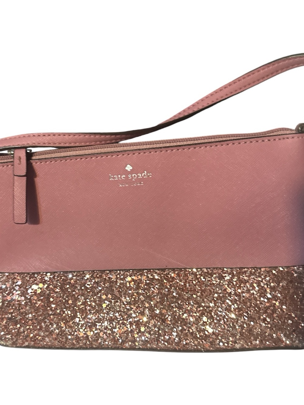 kate spade Rose Pink Glitter-Trim crossbody zip top silver accents like new